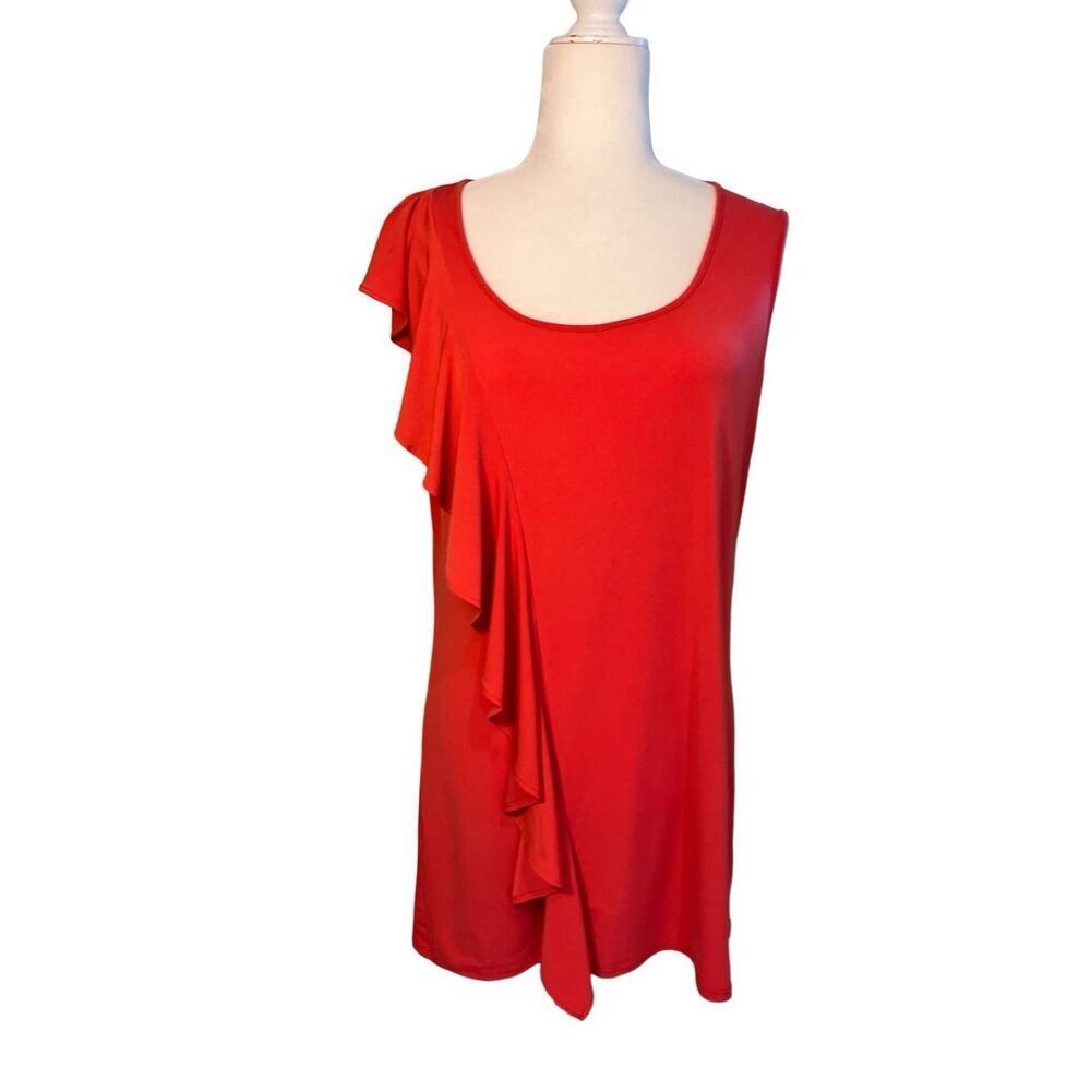 Miss Tina sleeveless orange slip dress with diagonal front ruffle - 8